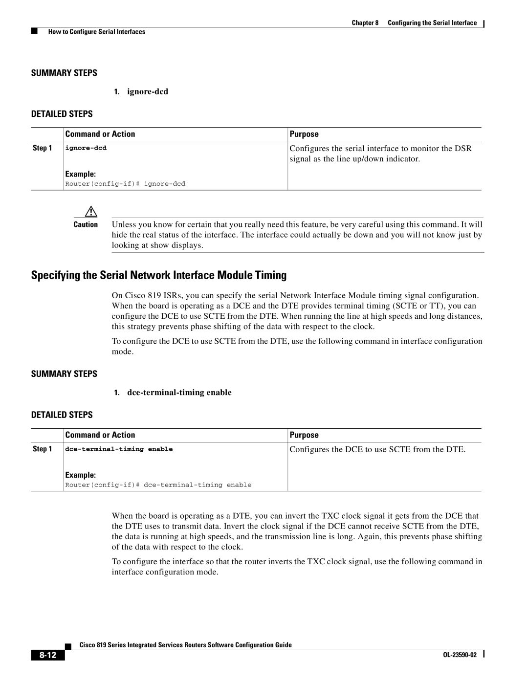 Cisco Systems C819GUK9 manual Specifying the Serial Network Interface Module Timing, Ignore-dcd, Dce-terminal-timing enable 