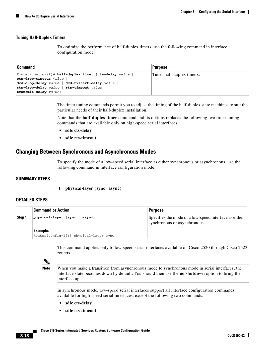 Cisco Systems C819GUK9, C819HG4GVK9 Changing Between Synchronous and Asynchronous Modes, Sdlc cts-delay Sdlc rts-timeout 