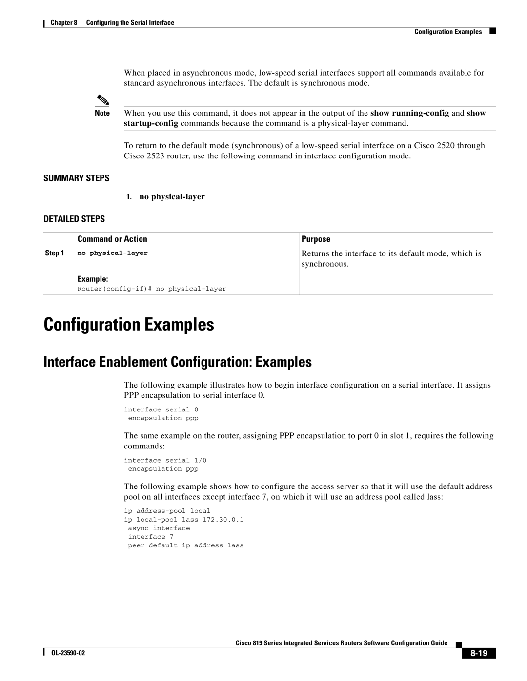 Cisco Systems C819HG4GVK9, C819GUK9 manual Interface Enablement Configuration Examples, No physical-layer, Synchronous 