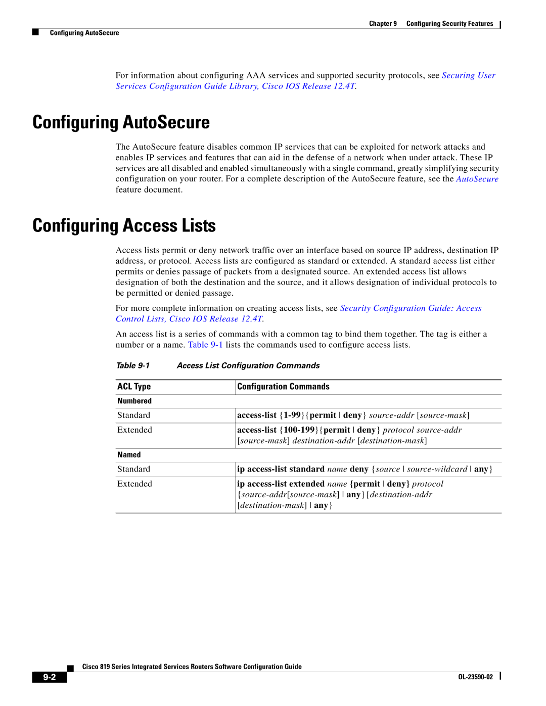 Cisco Systems C819GUK9, C819HG4GVK9 manual Configuring AutoSecure, Configuring Access Lists, ACL Type, Standard Extended 