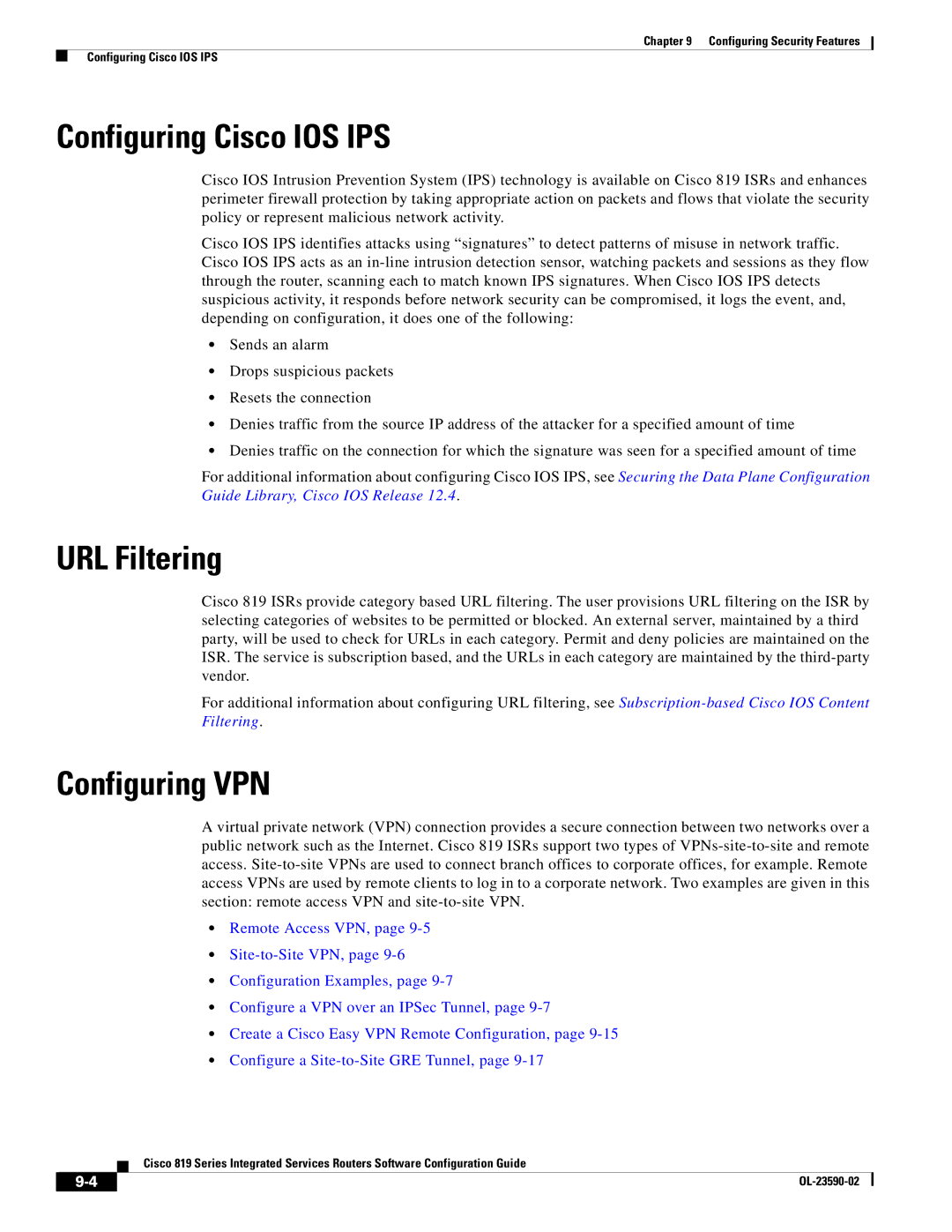 Cisco Systems C819GUK9, C819HG4GVK9 manual Configuring Cisco IOS IPS, URL Filtering, Configuring VPN 