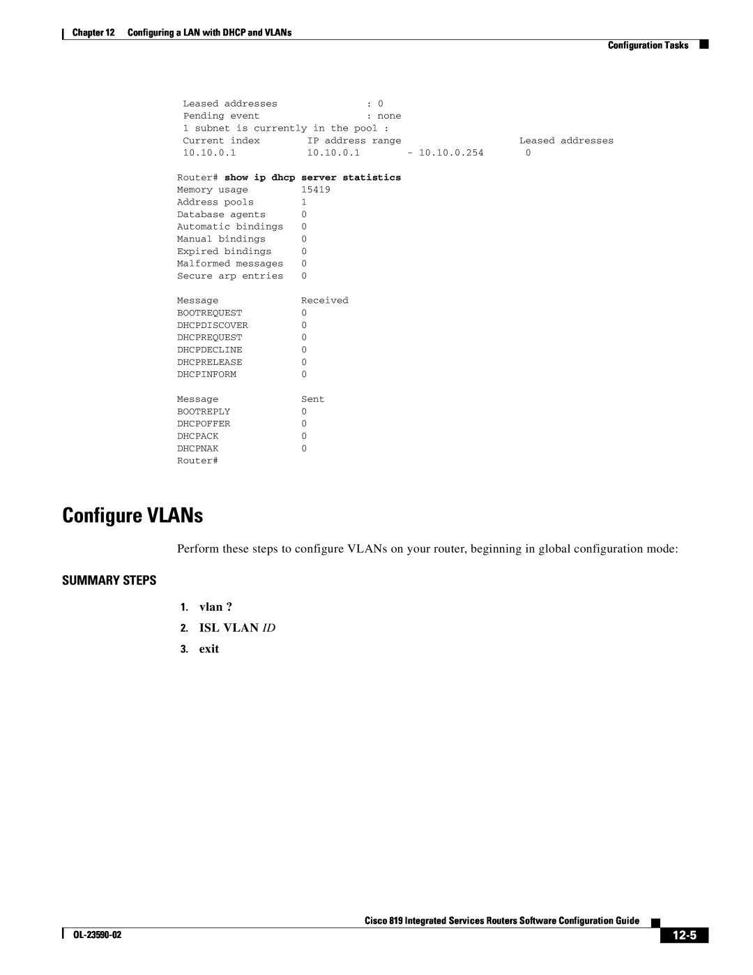 Cisco Systems C819HG4GVK9, C819GUK9 manual Configure VLANs, vlan ? 2. ISL VLAN ID 3. exit, 12-5, Summary Steps, OL-23590-02 