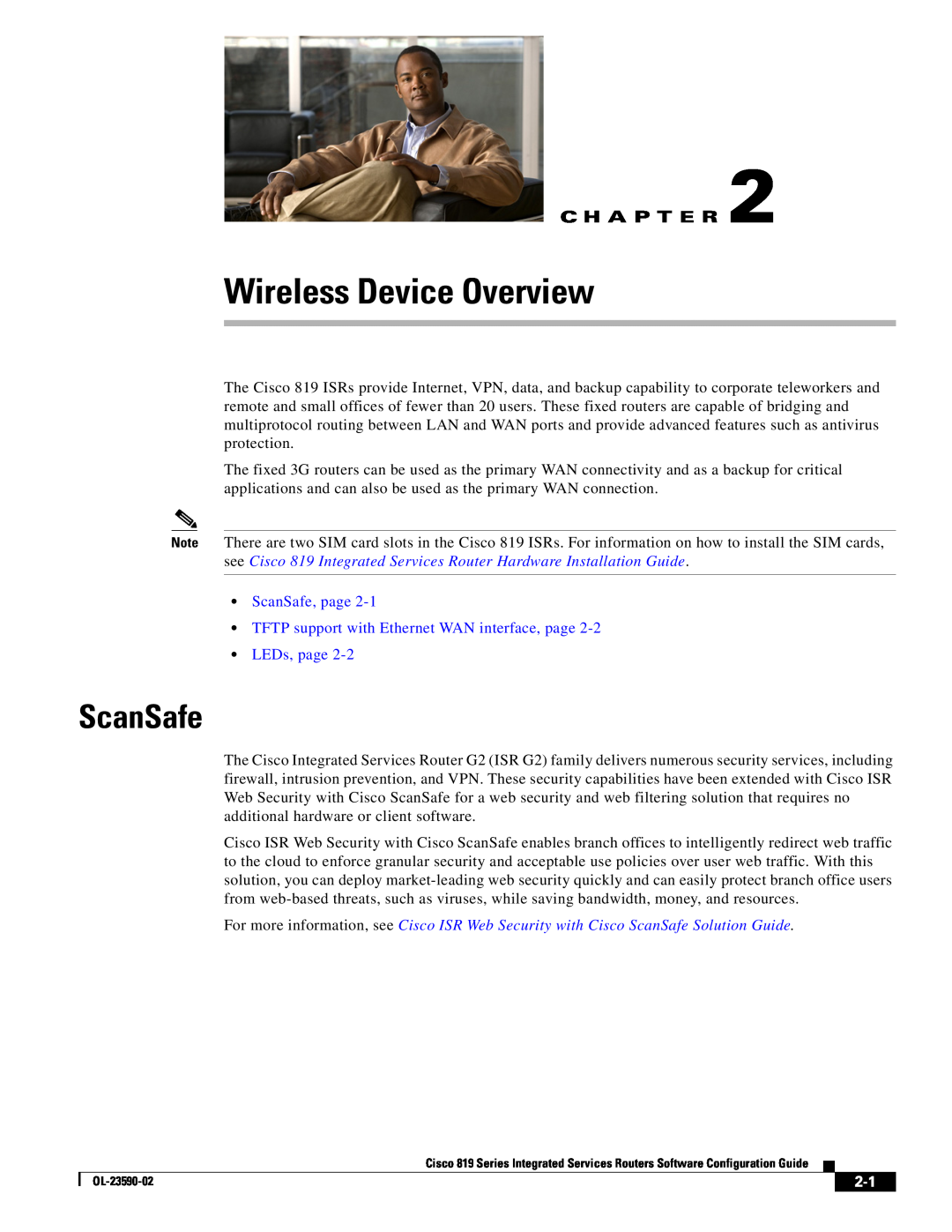 Cisco Systems C819HG4GVK9, C819GUK9 manual Wireless Device Overview, ScanSafe, LEDs, page, C H A P T E R 