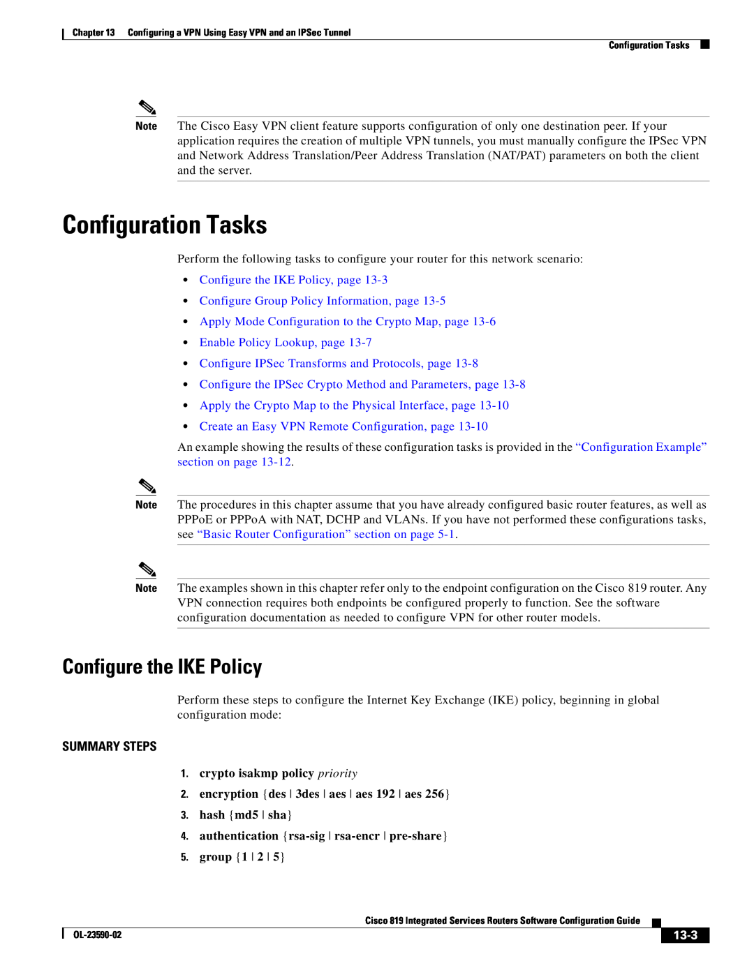 Cisco Systems C819HG4GVK9 Configure the IKE Policy, Create an Easy VPN Remote Configuration, page, 13-3, Summary Steps 
