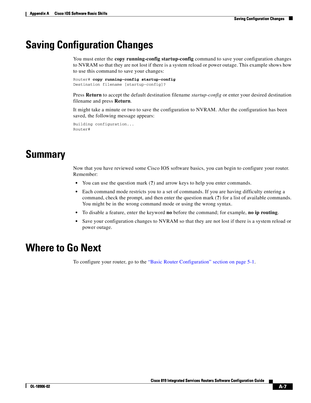 Cisco Systems C819HG4GVK9, C819GUK9 manual Saving Configuration Changes, Summary, Where to Go Next 