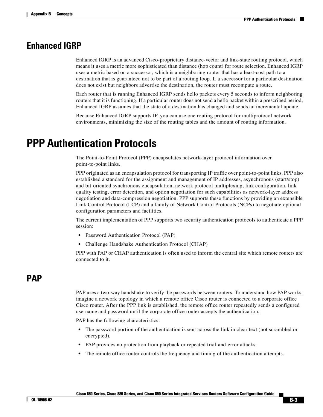 Cisco Systems C819HG4GVK9, C819GUK9 manual PPP Authentication Protocols, Enhanced IGRP 