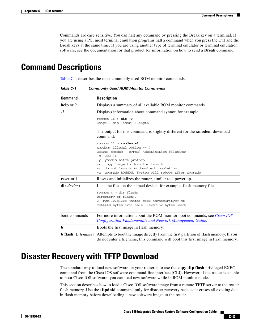 Cisco Systems C819HG4GVK9 Command Descriptions, Disaster Recovery with TFTP Download, help or ?, reset or, dir device 