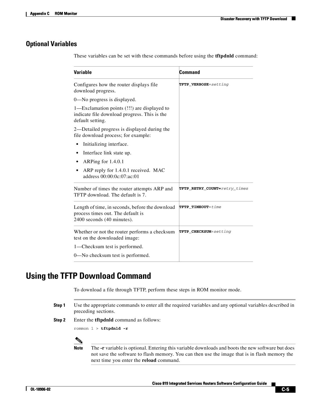 Cisco Systems C819HG4GVK9, C819GUK9 manual Using the TFTP Download Command, Optional Variables 