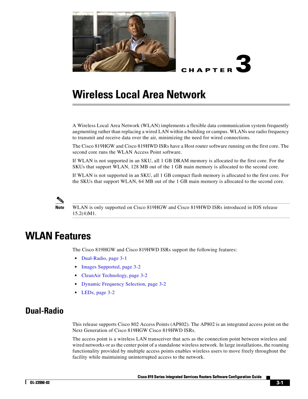 Cisco Systems C819HG4GVK9, C819GUK9 manual Wireless Local Area Network, WLAN Features, Dual-Radio, C H A P T E R 