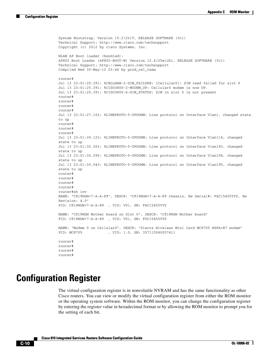 Cisco Systems C819GUK9, C819HG4GVK9 manual C-10, Appendix C ROM Monitor Configuration Register 