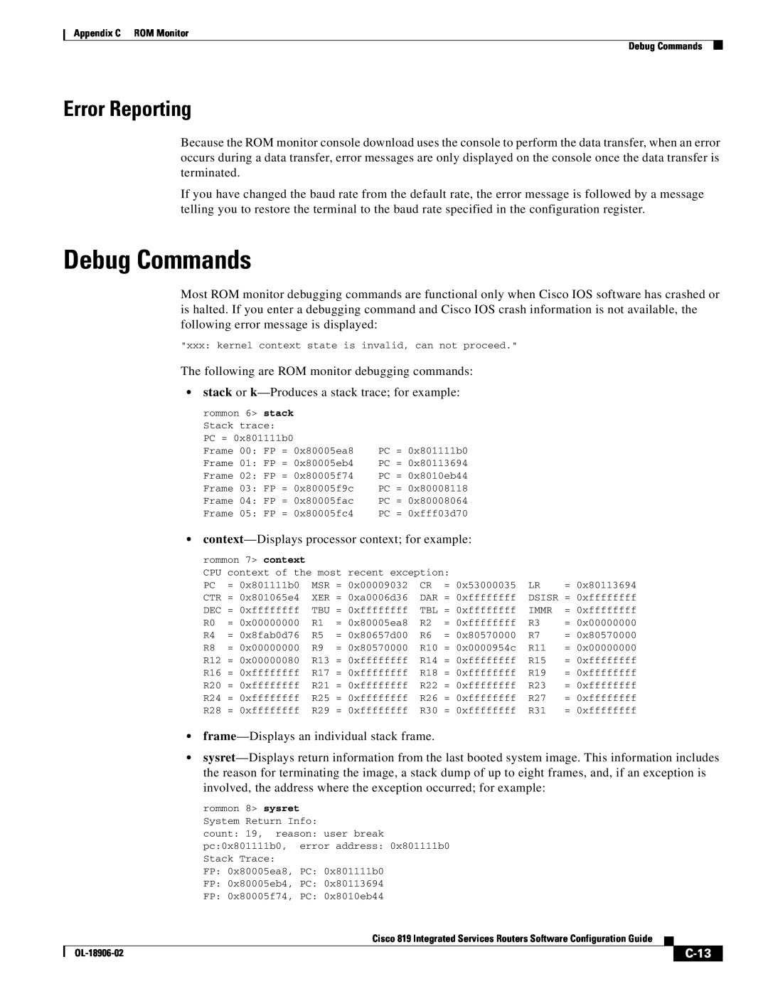 Cisco Systems C819HG4GVK9, C819GUK9 manual Debug Commands, Error Reporting, C-13 