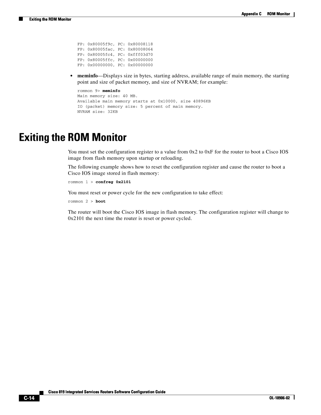 Cisco Systems C819GUK9, C819HG4GVK9 manual Exiting the ROM Monitor, C-14 