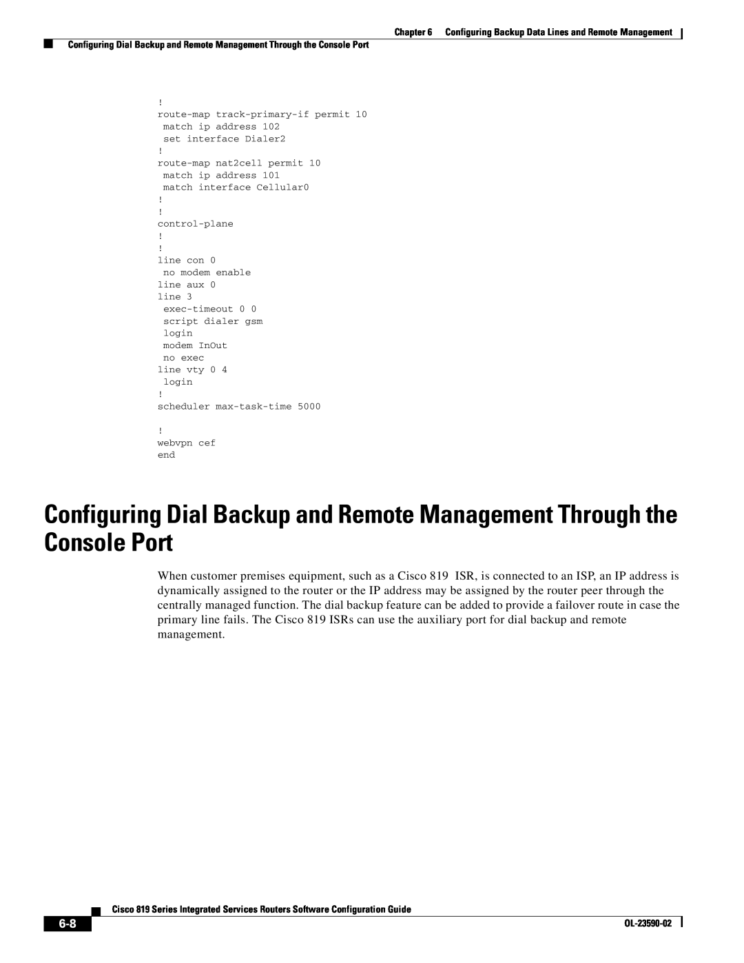 Cisco Systems C819GUK9 manual route-map track-primary-if permit 10 match ip address, set interface Dialer2, control-plane 