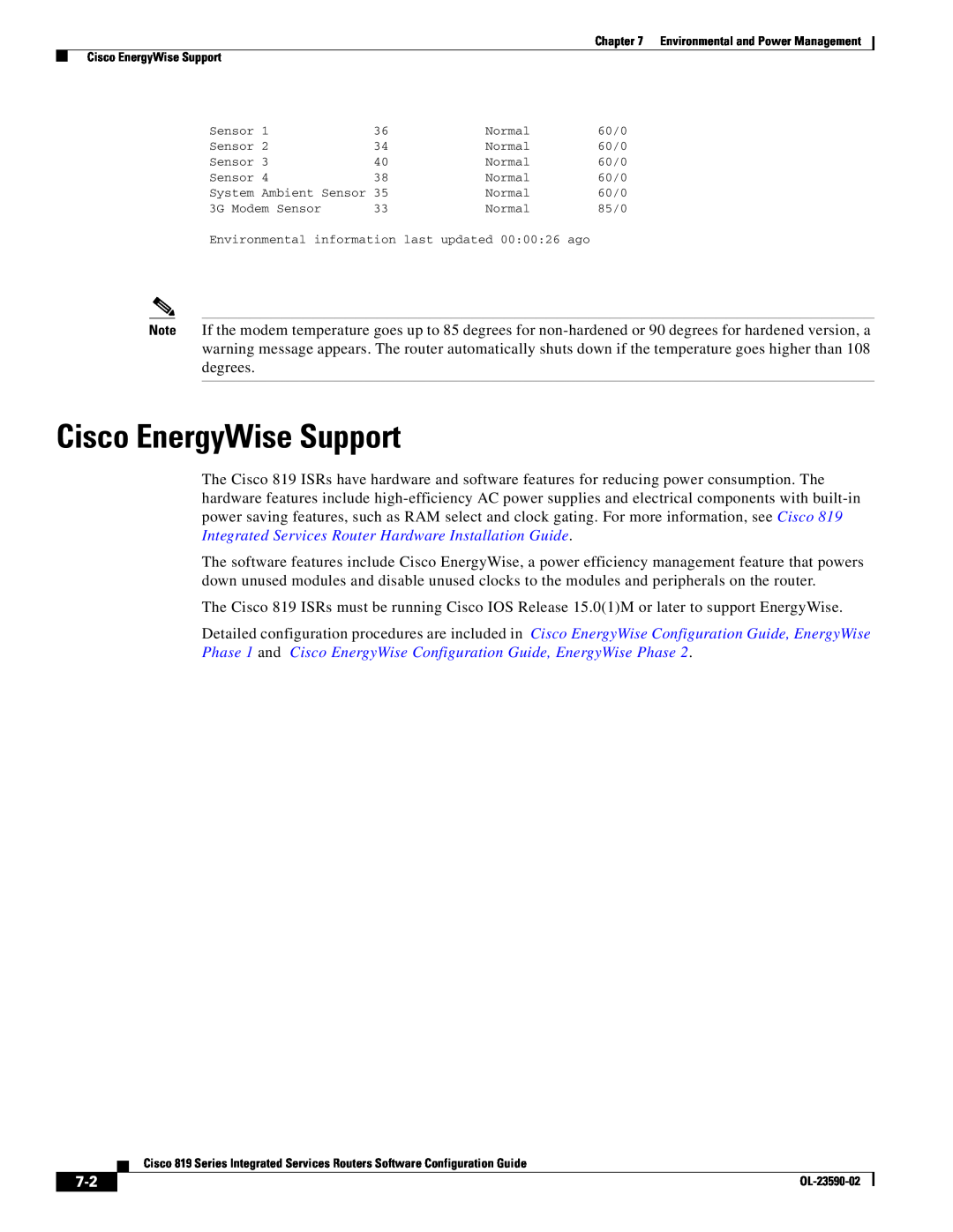 Cisco Systems C819GUK9, C819HG4GVK9 manual Cisco EnergyWise Support 