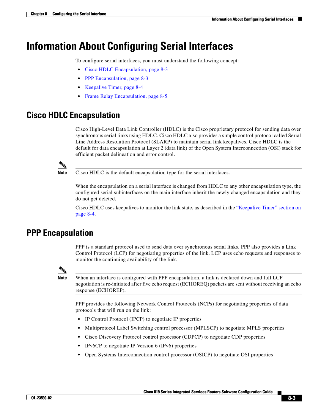 Cisco Systems C819HG4GVK9 Information About Configuring Serial Interfaces, Cisco HDLC Encapsulation, PPP Encapsulation 