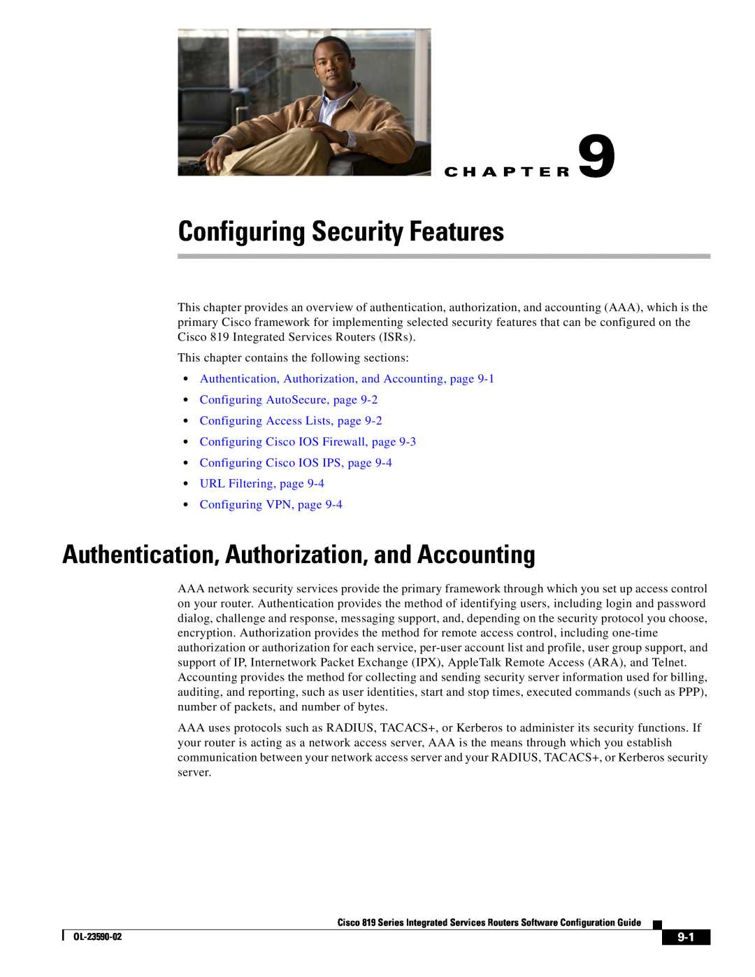 Cisco Systems C819HG4GVK9 Configuring Security Features, Authentication, Authorization, and Accounting, C H A P T E R 