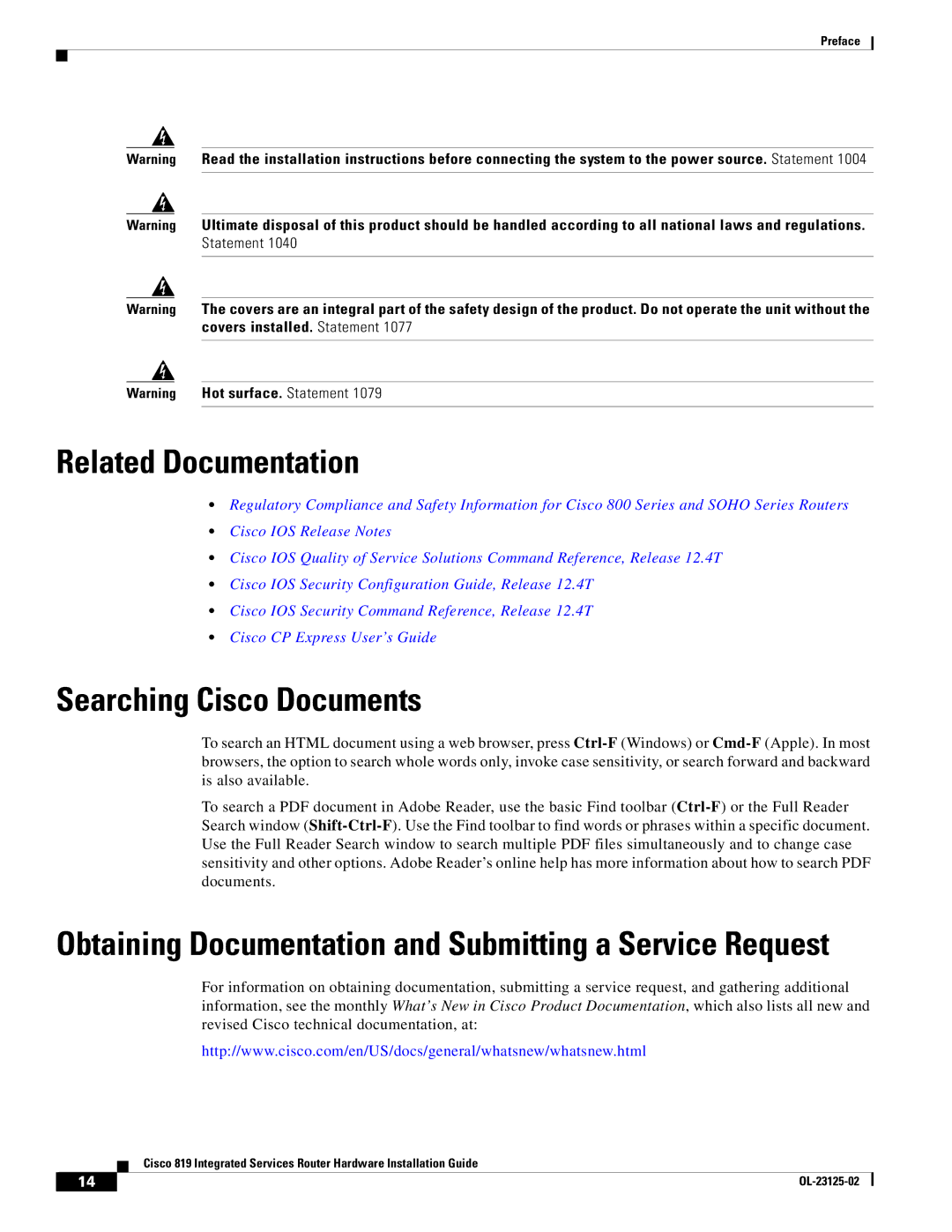 Cisco Systems C819GUK9, C819HK9, C819G4GAK9 manual Related Documentation, Searching Cisco Documents 