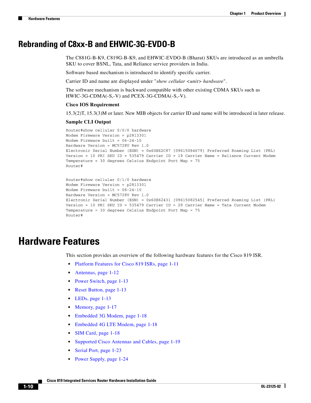 Cisco Systems C819GUK9, C819HK9, C819G4GAK9 manual Hardware Features, Rebranding of C8xx-B and EHWIC-3G-EVDO-B 