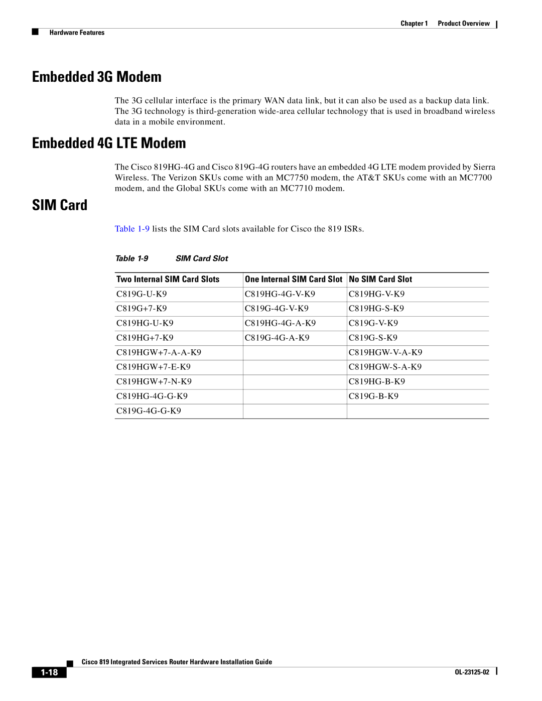 Cisco Systems C819GUK9 manual Embedded 3G Modem, Embedded 4G LTE Modem, Two Internal SIM Card Slots, No SIM Card Slot 