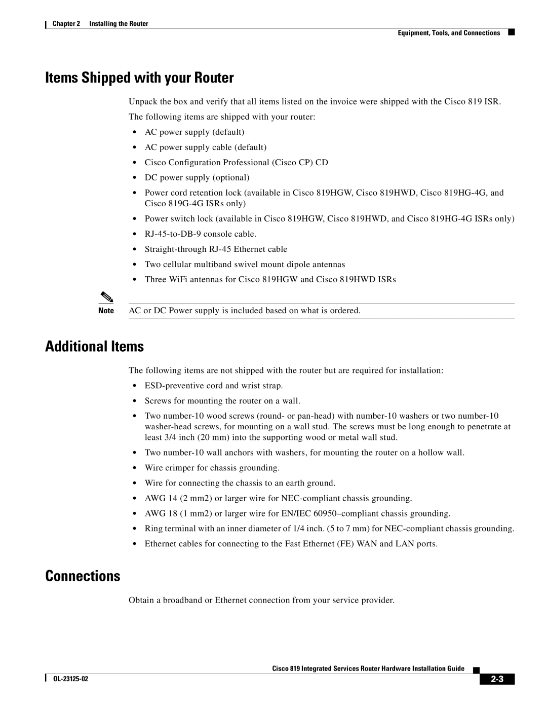 Cisco Systems C819GUK9, C819HK9, C819G4GAK9 manual Items Shipped with your Router, Additional Items, Connections 