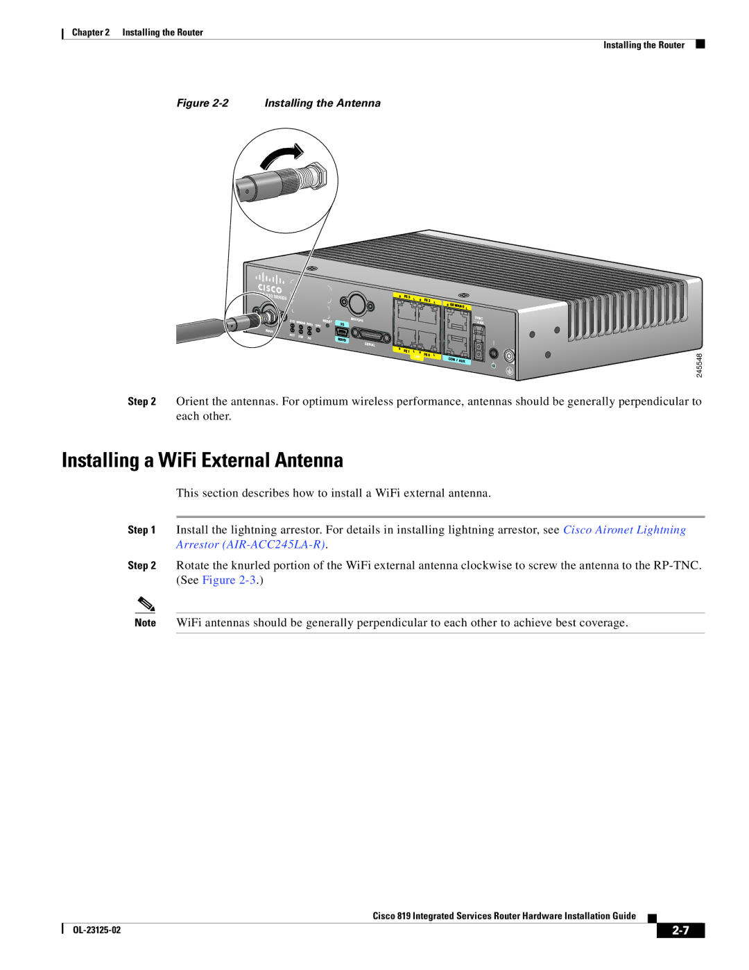 Cisco Systems C819GUK9, C819HK9, C819G4GAK9 manual Installing a WiFi External Antenna, Installing the Antenna 