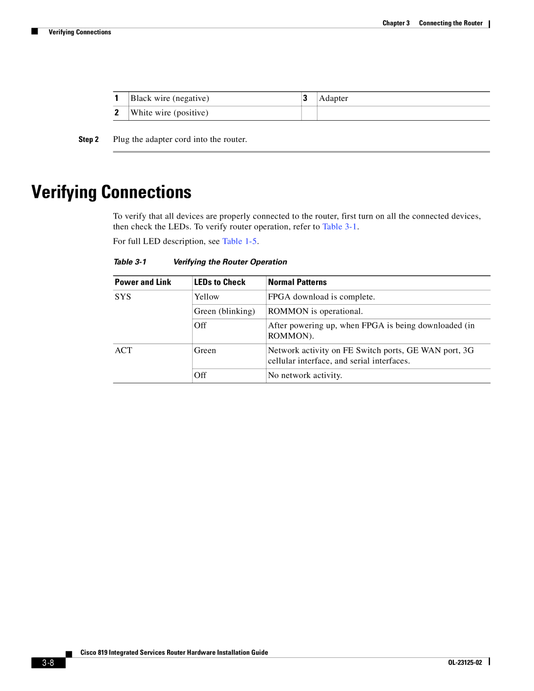 Cisco Systems C819G4GAK9, C819GUK9, C819HK9 manual Verifying Connections, LEDs to Check Normal Patterns 