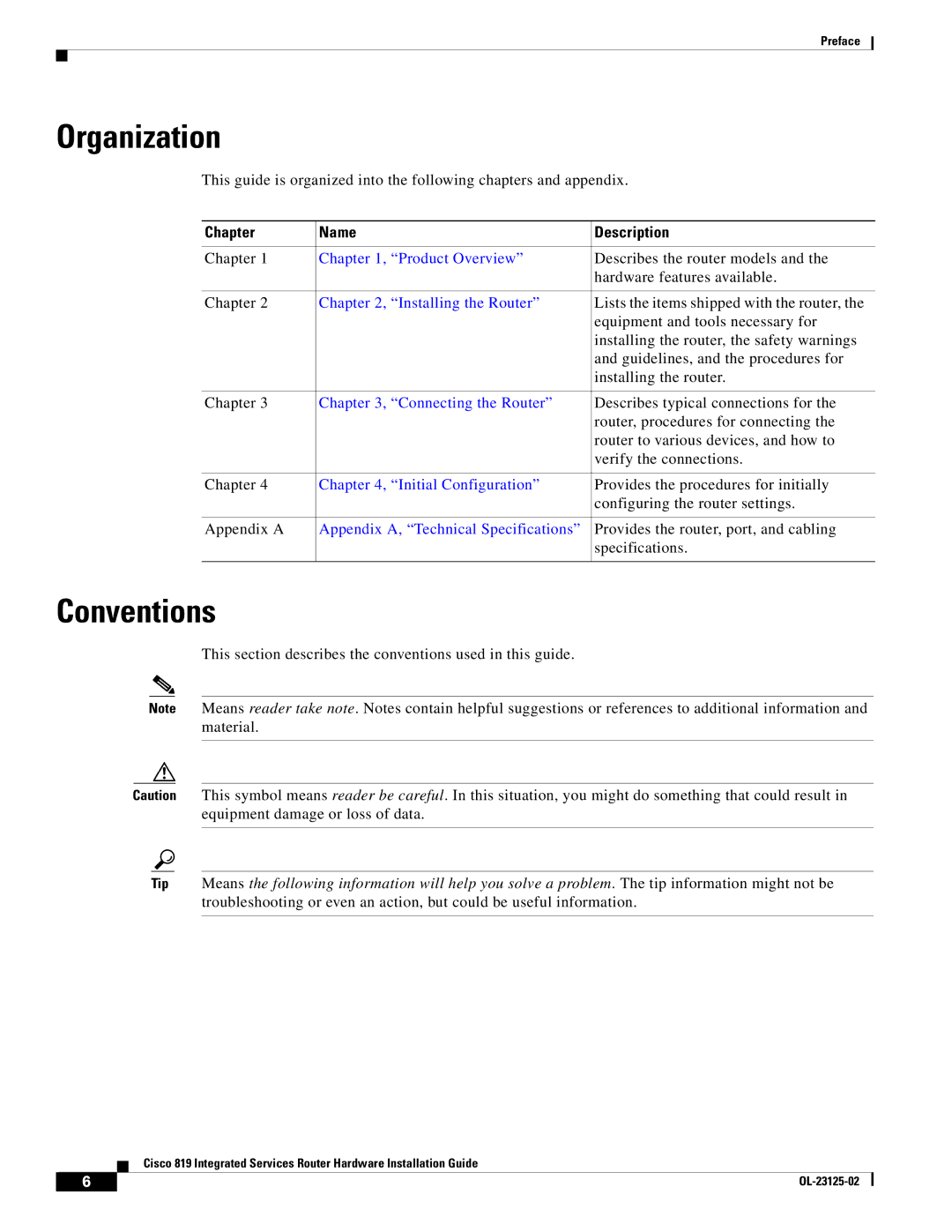 Cisco Systems C819GUK9, C819HK9, C819G4GAK9 manual Organization, Conventions, Chapter Name Description 