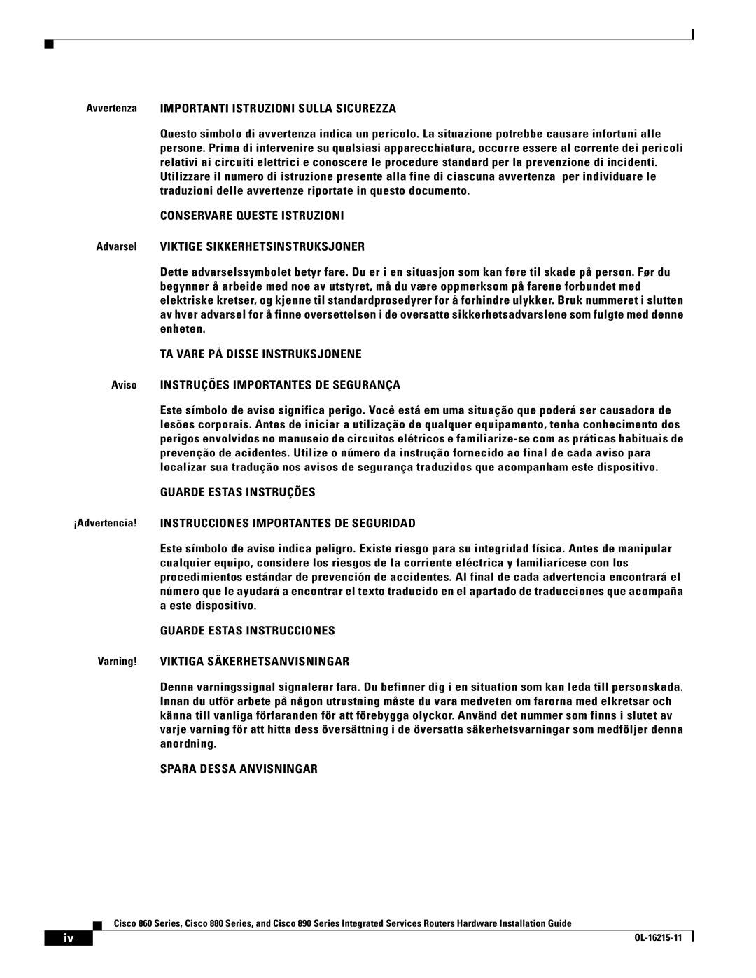 Cisco Systems C892FSPK9 manual Avvertenza Importanti Istruzioni Sulla Sicurezza, Aviso Instruções Importantes DE Segurança 