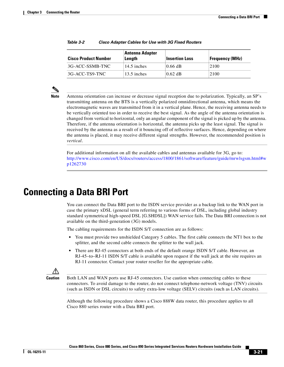 Cisco Systems C892FSPK9 manual Connecting a Data BRI Port, Inches 66 dB 2100, 3G-ACC-TS9-TNC, Inches 62 dB 2100 