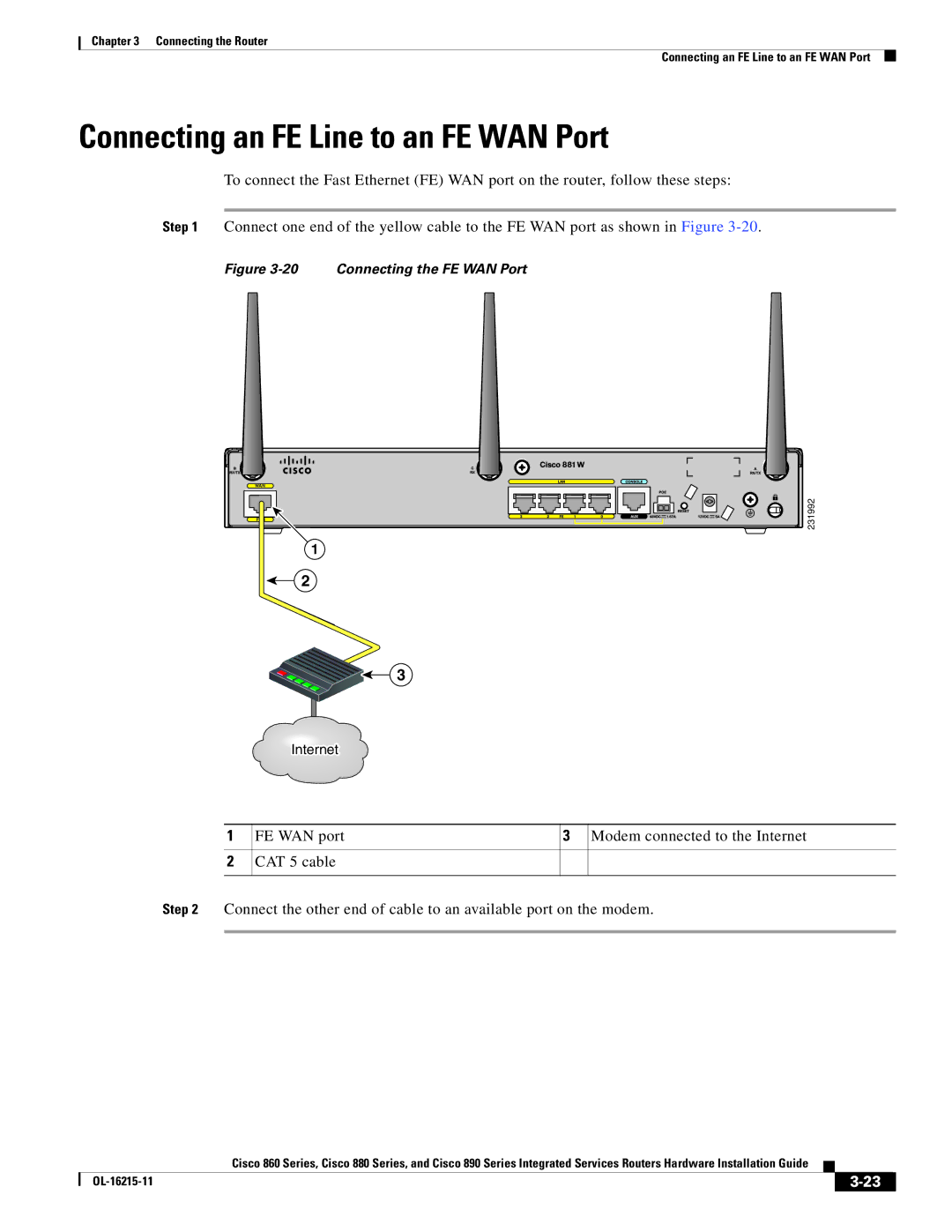 Cisco Systems C892FSPK9 manual Connecting an FE Line to an FE WAN Port, Connecting the FE WAN Port 