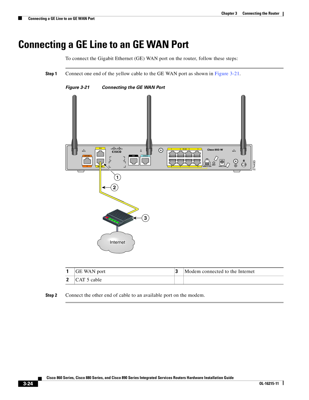 Cisco Systems C892FSPK9 manual Connecting a GE Line to an GE WAN Port, Connecting the GE WAN Port 