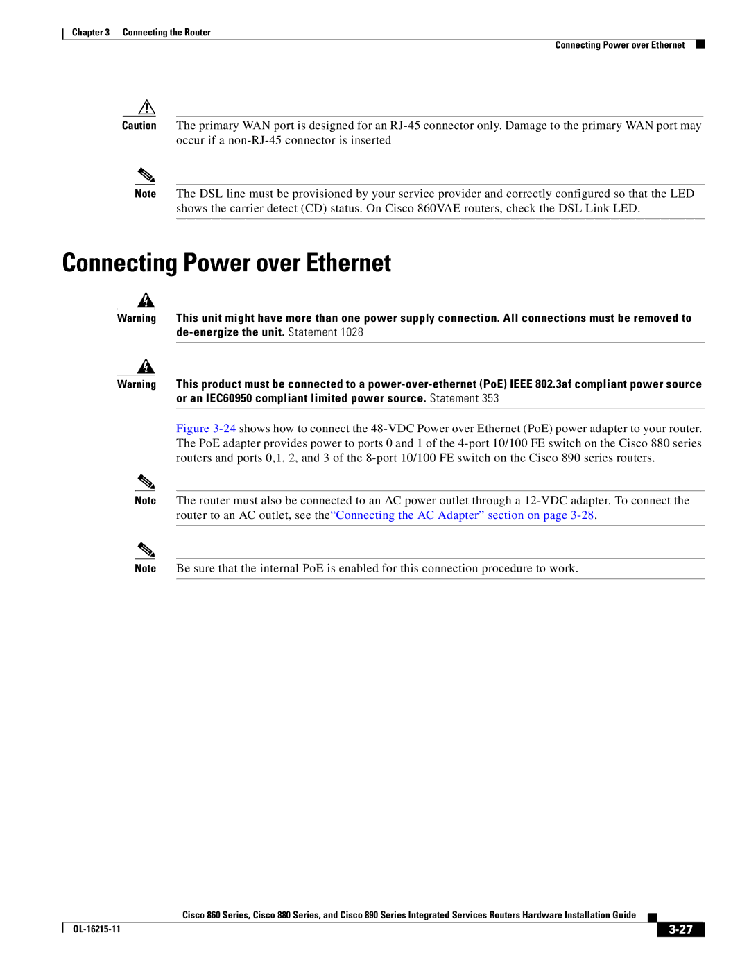 Cisco Systems C892FSPK9 manual Connecting Power over Ethernet 