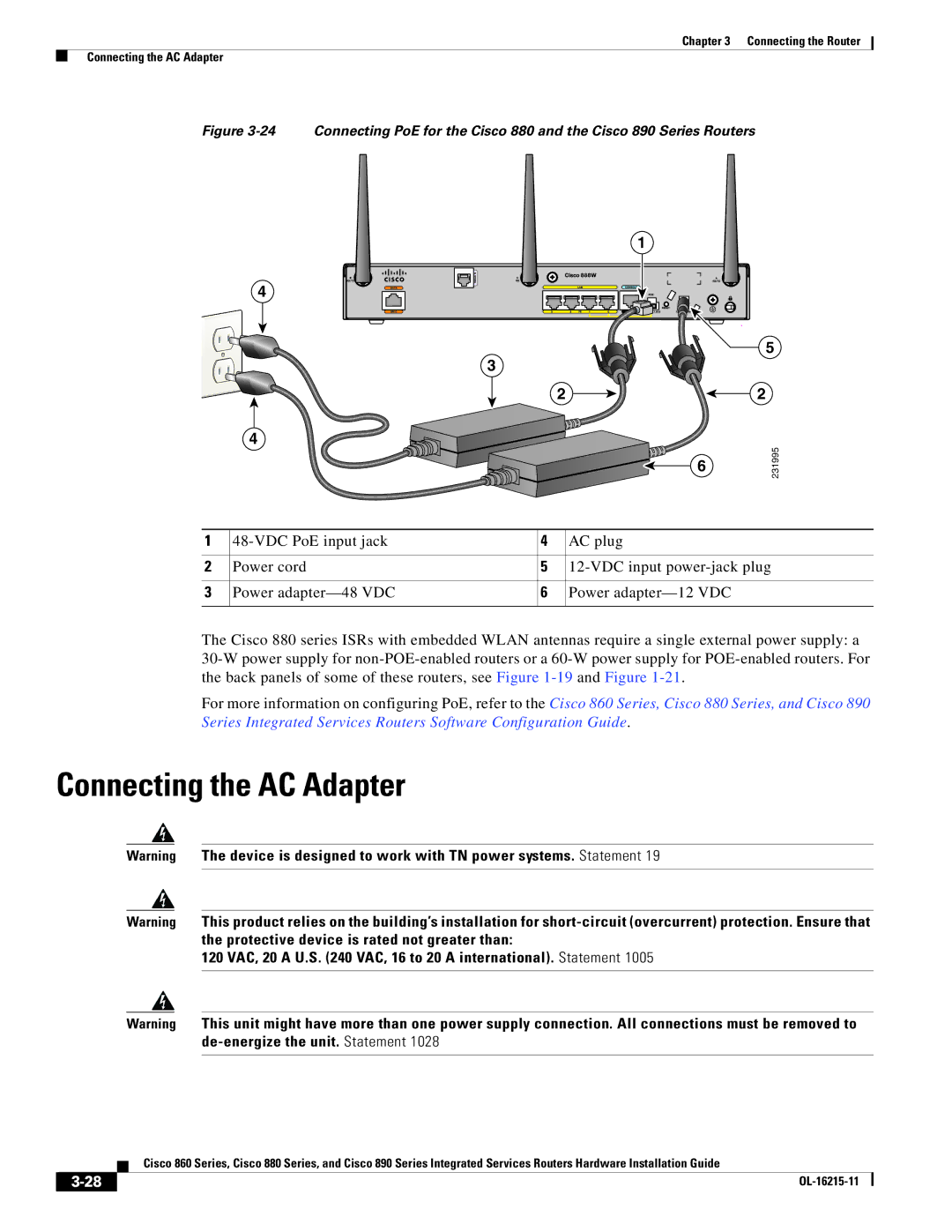 Cisco Systems C892FSPK9 manual Connecting the AC Adapter, 120 VAC, 20 a U.S VAC, 16 to 20 a international. Statement 