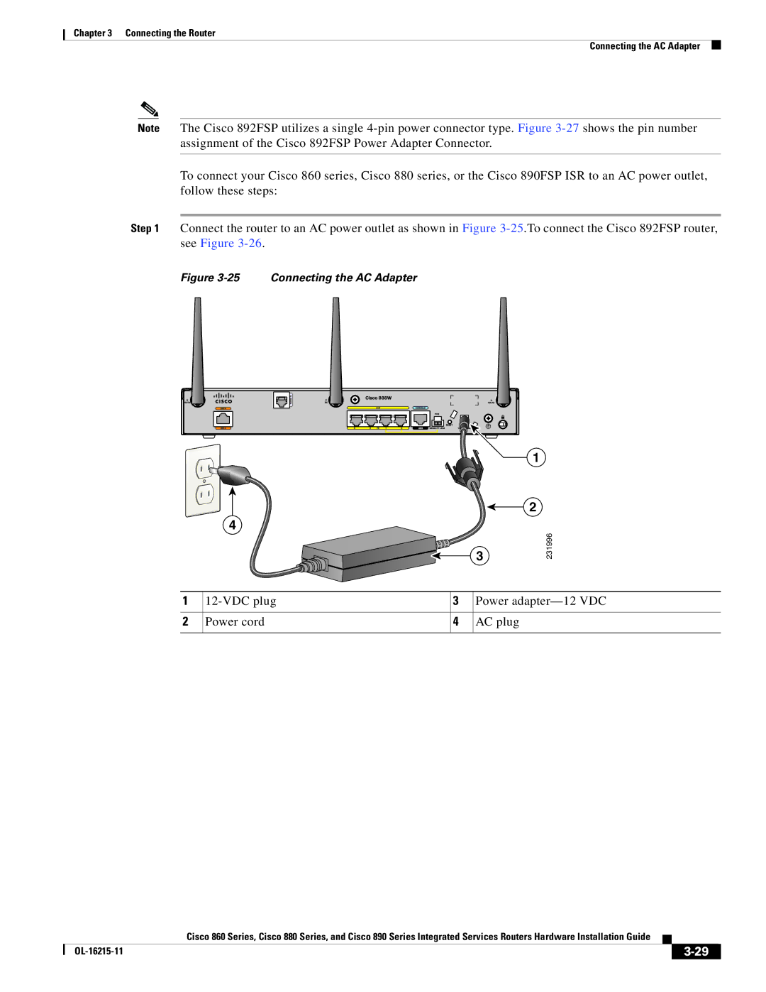 Cisco Systems C892FSPK9 manual VDC plug Power adapter-12 VDC Power cord AC plug, Connecting the AC Adapter 