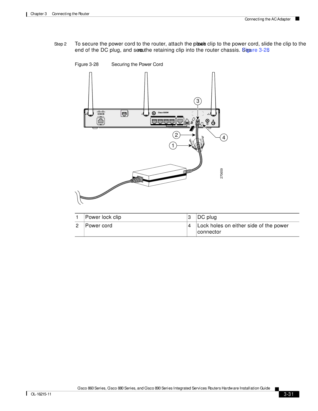 Cisco Systems C892FSPK9 manual Securing the Power Cord 