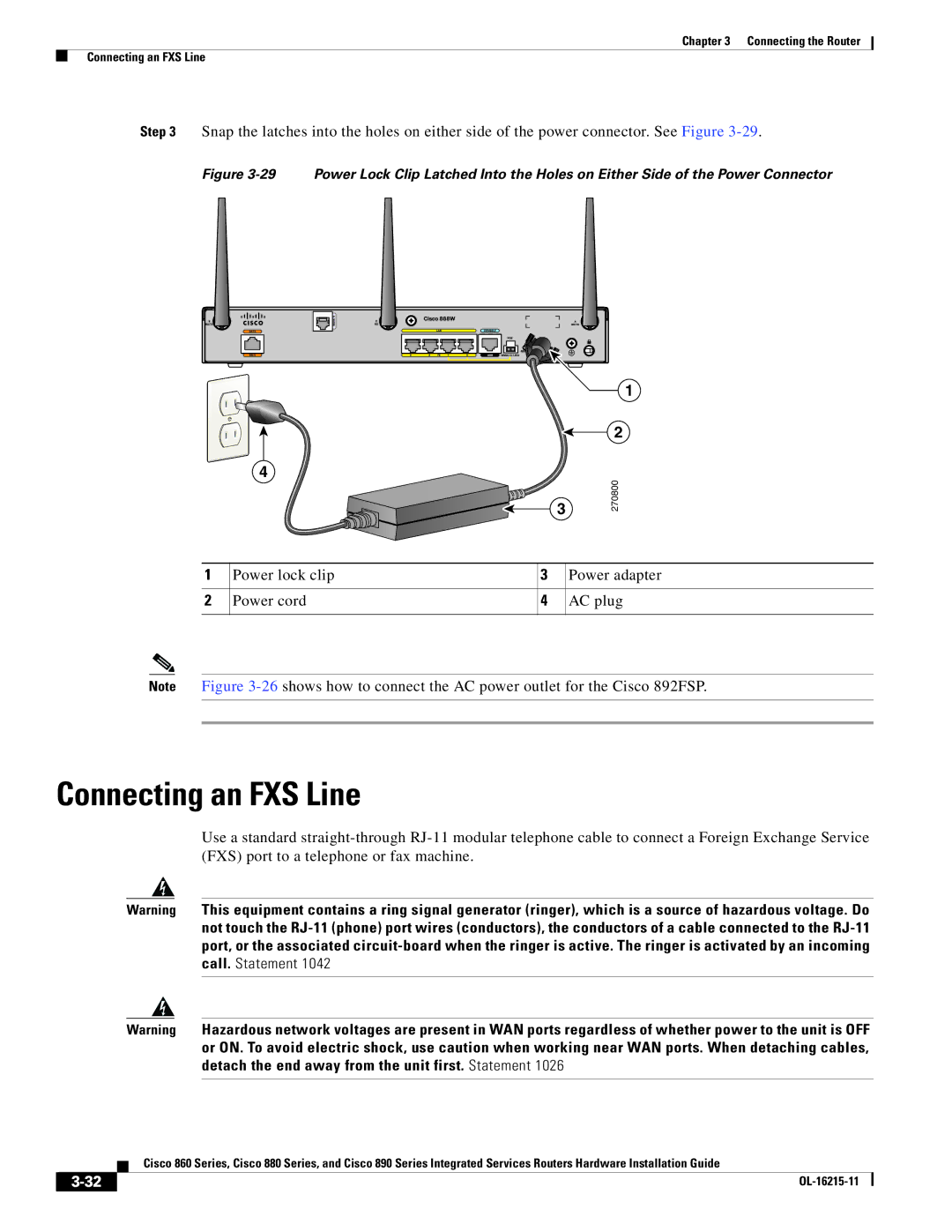 Cisco Systems C892FSPK9 manual Connecting an FXS Line, Power lock clip Power adapter Power cord AC plug 