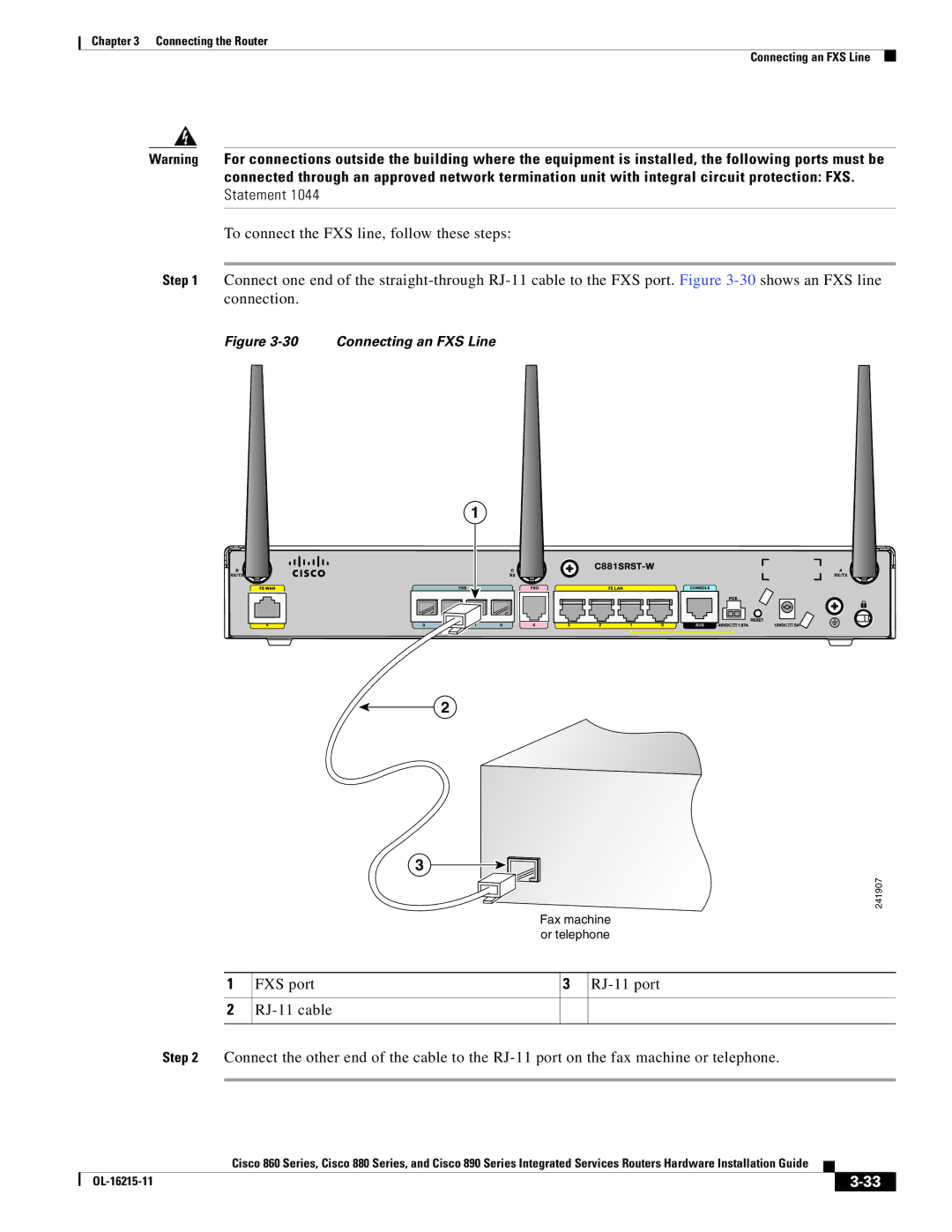 Cisco Systems C892FSPK9 manual Connecting an FXS Line 