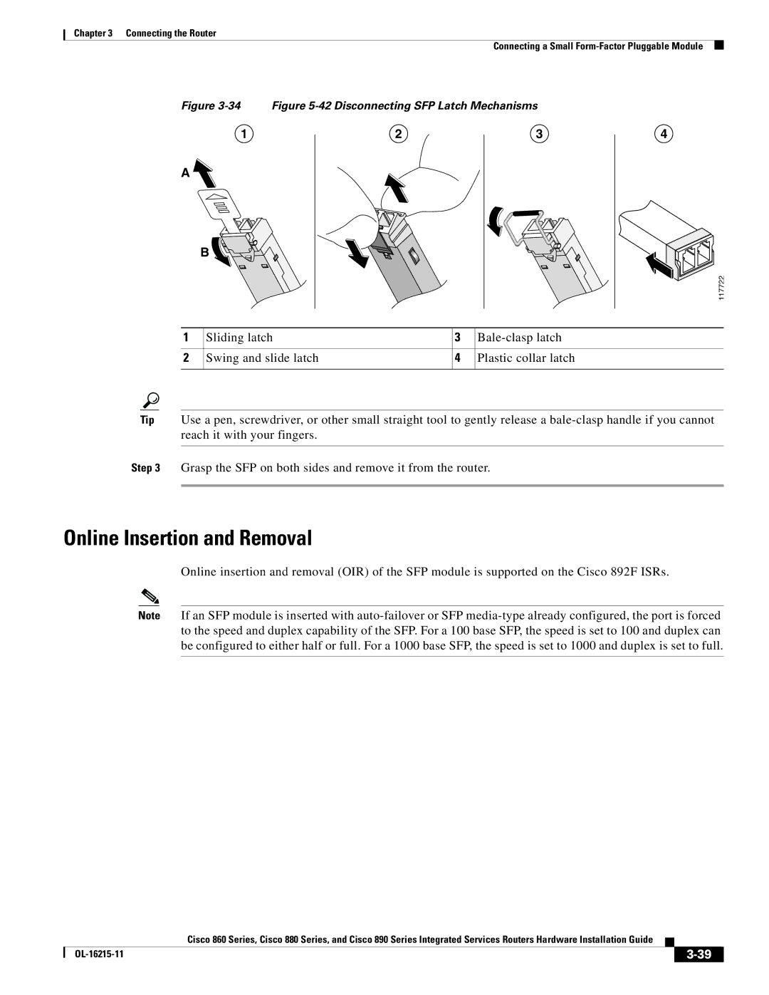 Cisco Systems C892FSPK9 manual Online Insertion and Removal, 34 -42 Disconnecting SFP Latch Mechanisms 