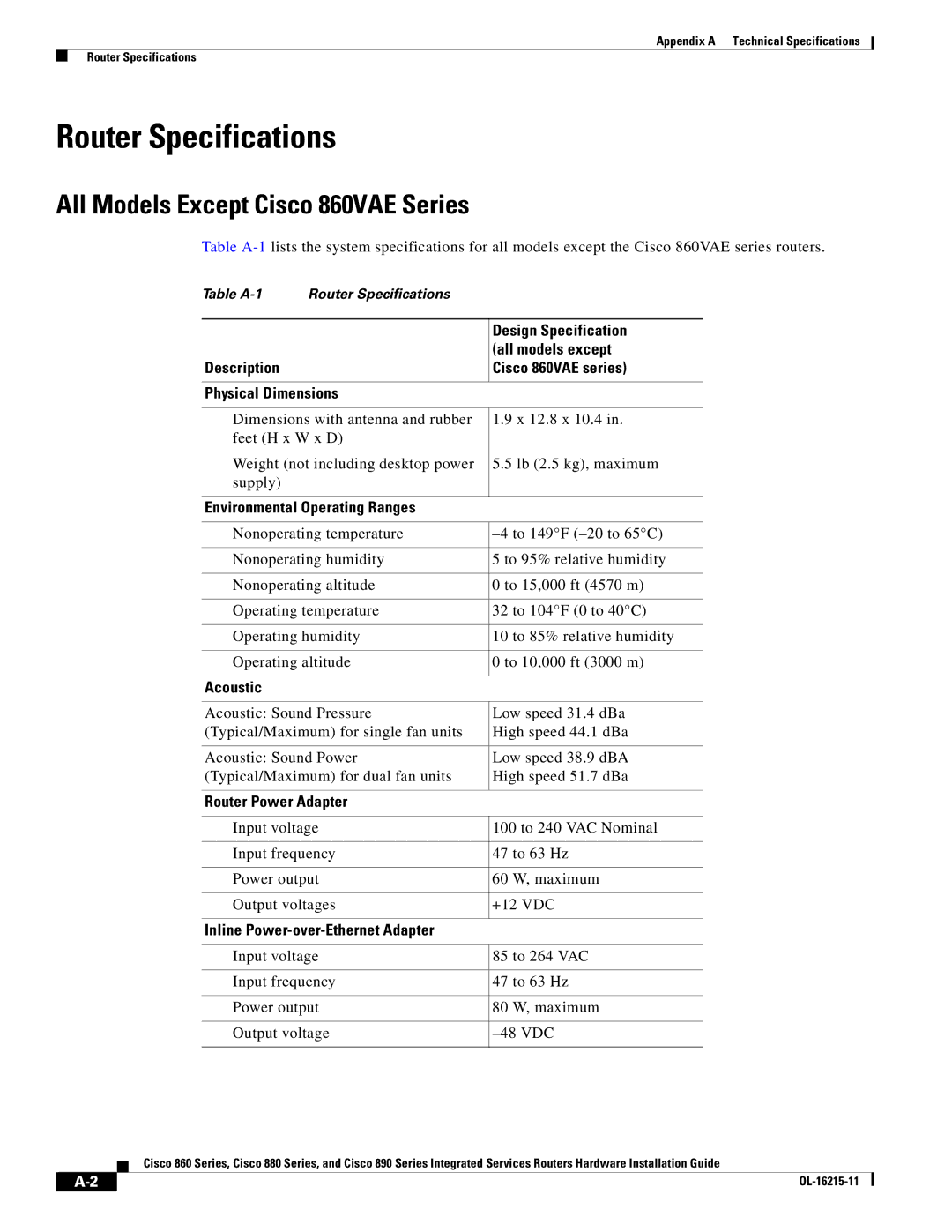 Cisco Systems C892FSPK9 manual Router Specifications, All Models Except Cisco 860VAE Series 