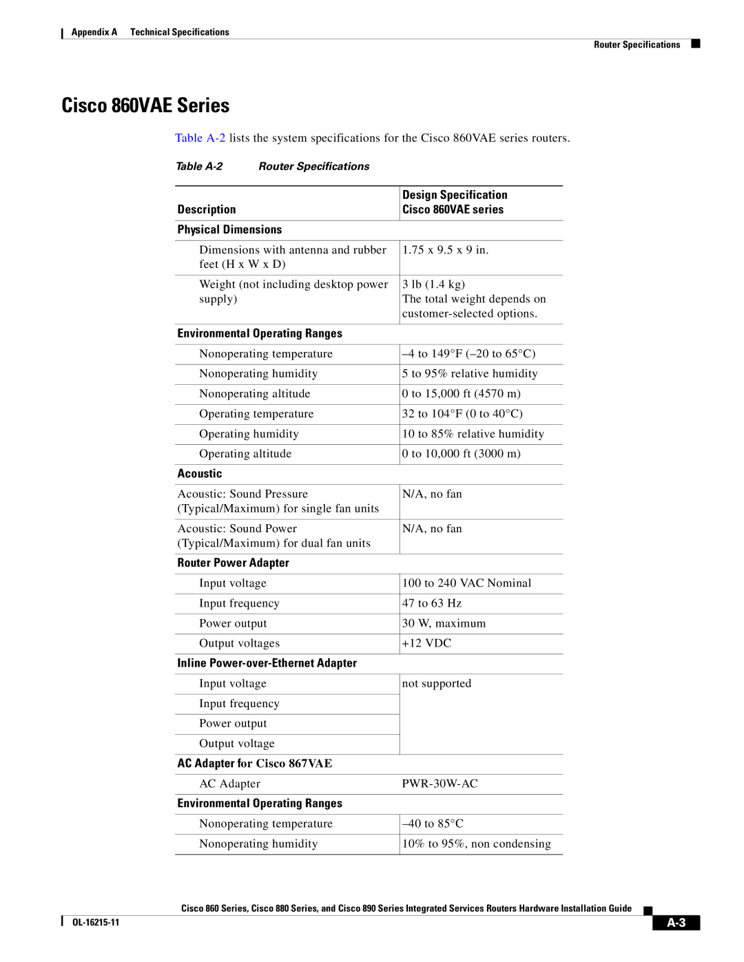 Cisco Systems C892FSPK9 manual Cisco 860VAE Series, AC Adapter, PWR-30W-AC 