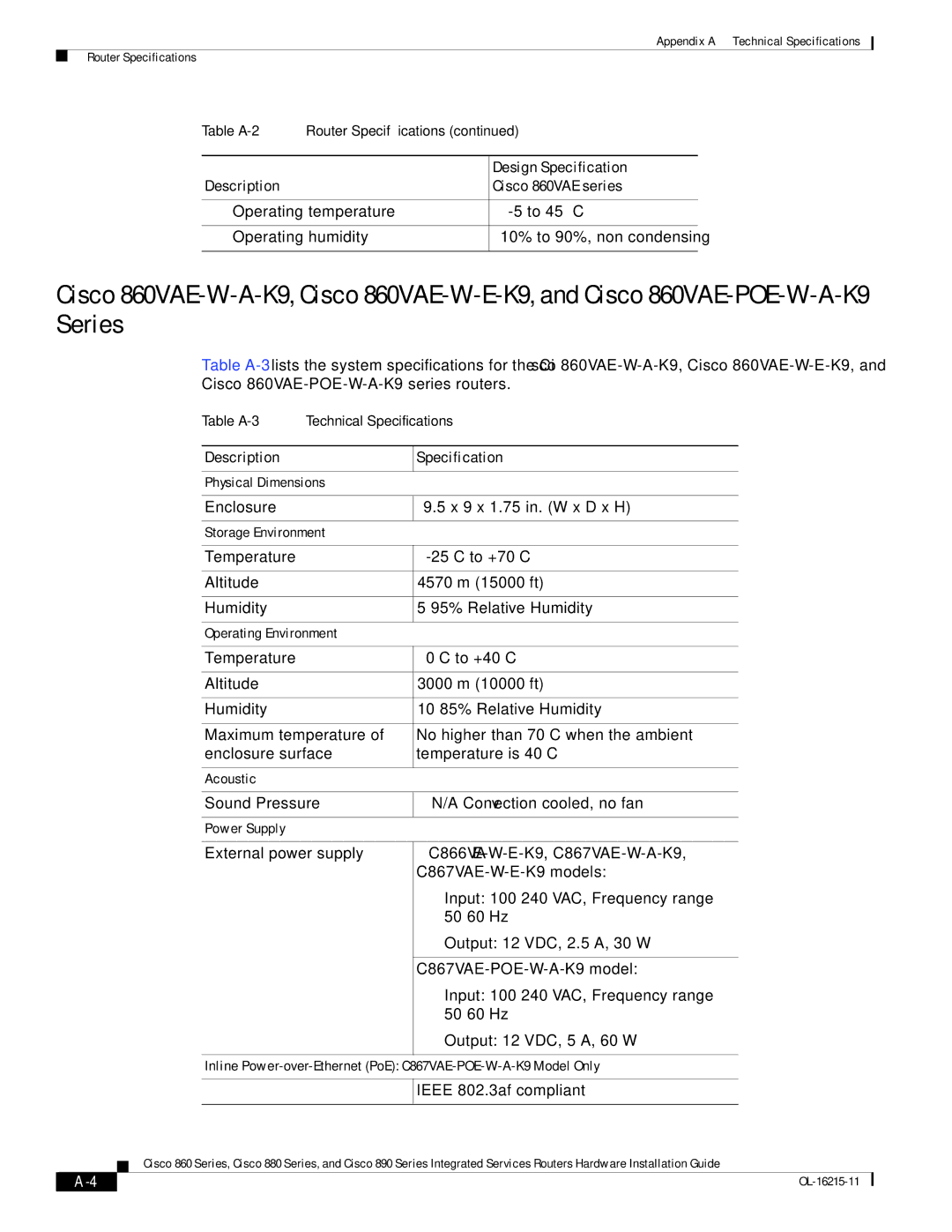 Cisco Systems C892FSPK9 Description Cisco 860VAE series, Description Specification, Enclosure X 9 x 1.75 in. W x D x H 