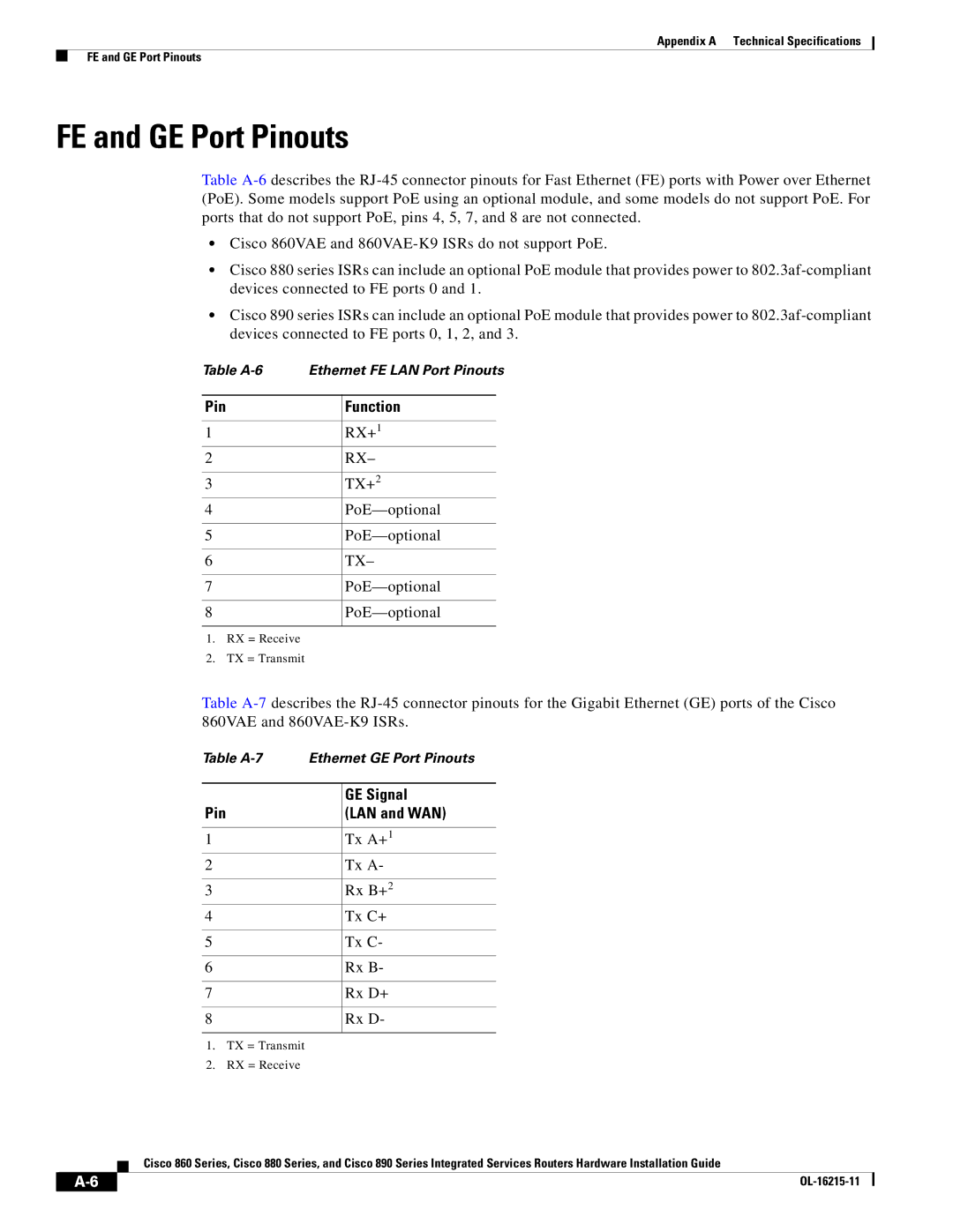 Cisco Systems C892FSPK9 manual FE and GE Port Pinouts, Pin Function, GE Signal, Pin LAN and WAN 