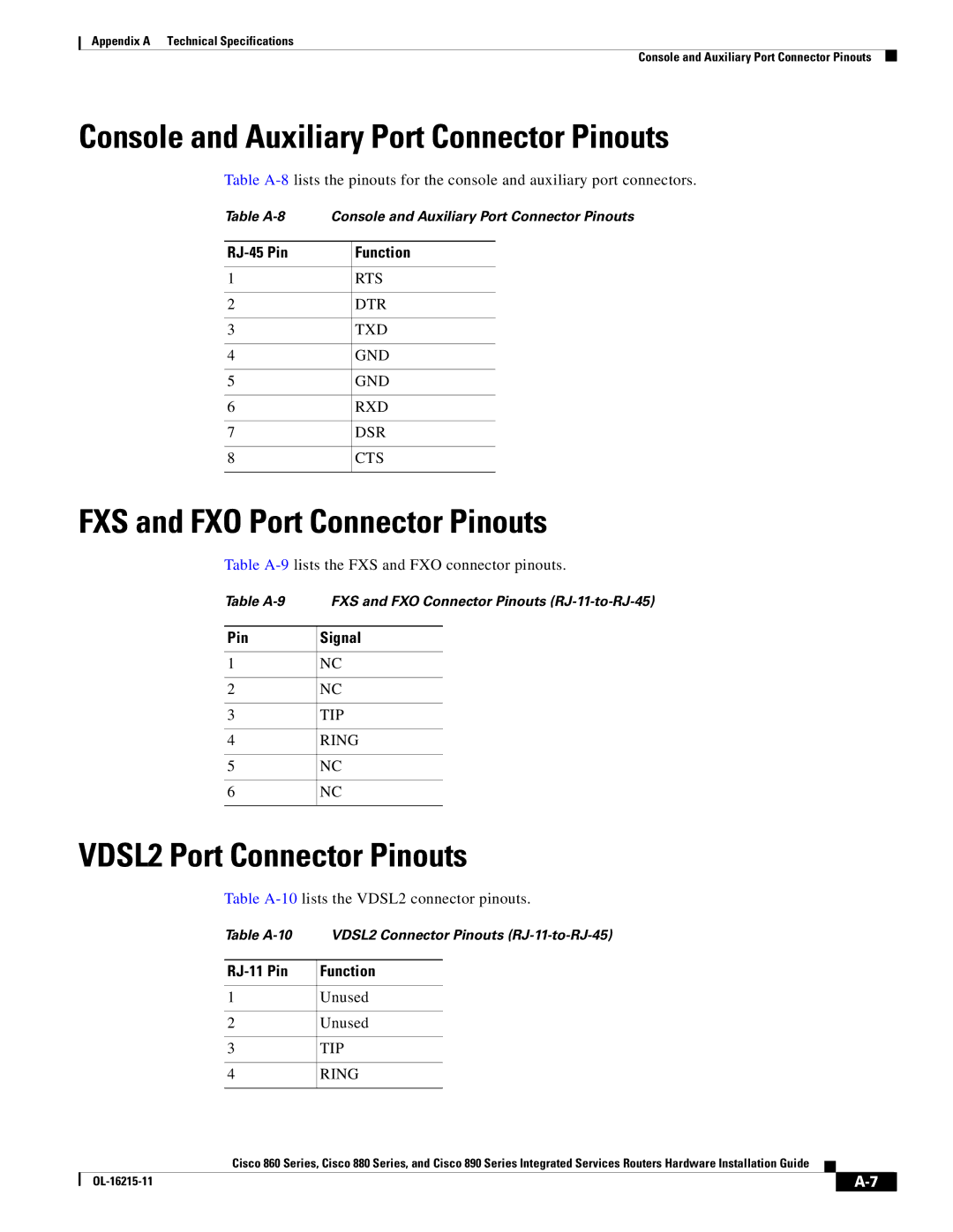 Cisco Systems C892FSPK9 manual Console and Auxiliary Port Connector Pinouts, FXS and FXO Port Connector Pinouts 