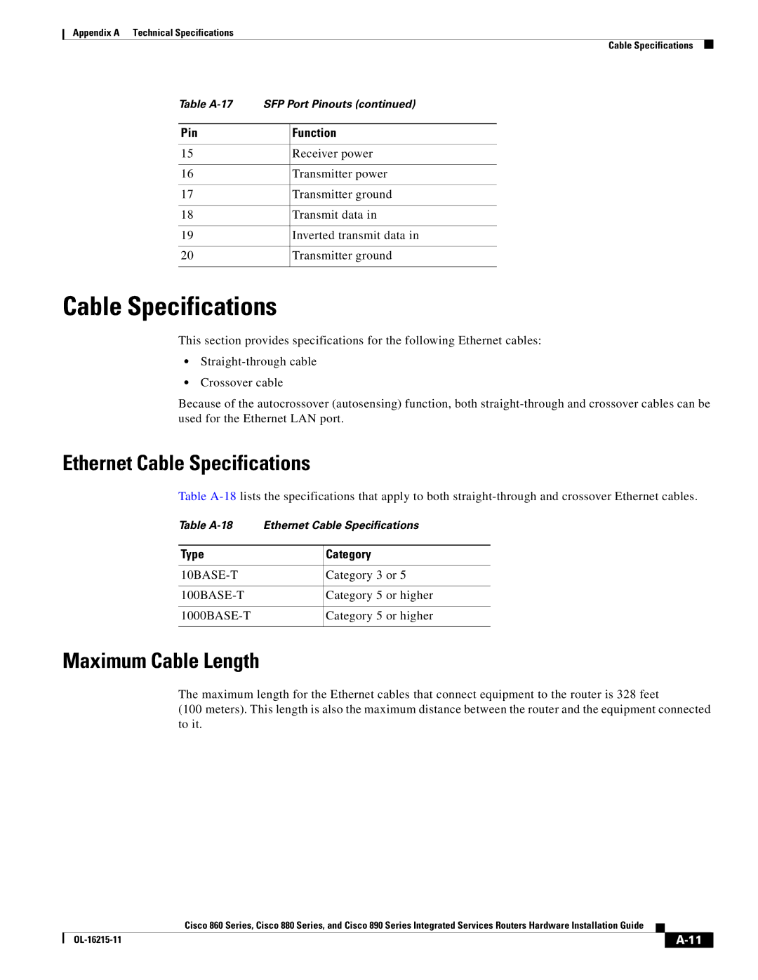 Cisco Systems C892FSPK9 manual Ethernet Cable Specifications, Maximum Cable Length, Type Category, 10BASE-T 