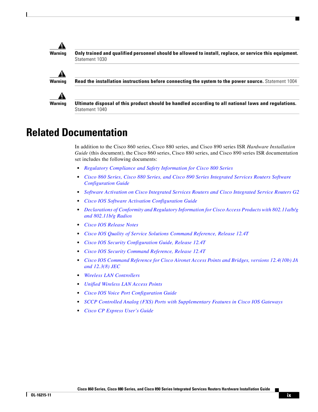 Cisco Systems C892FSPK9 manual Related Documentation 