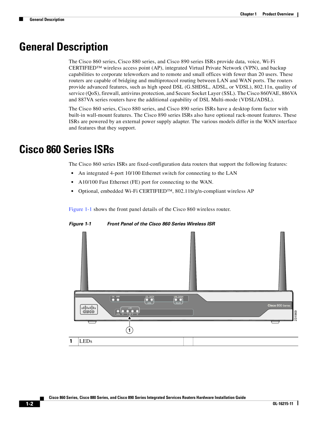 Cisco Systems C892FSPK9 manual General Description, Cisco 860 Series ISRs, LEDs 