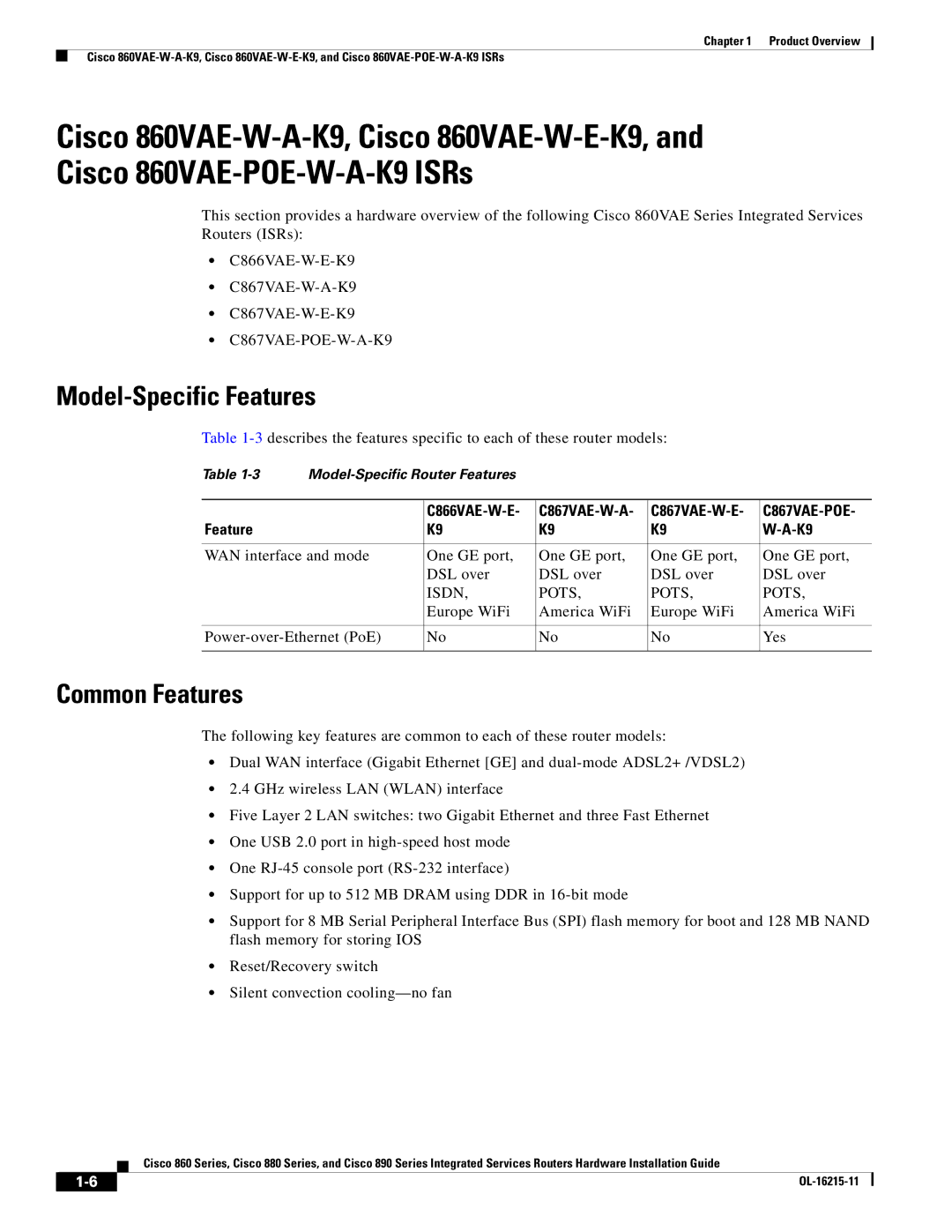 Cisco Systems C892FSPK9 manual Model-Specific Features, Common Features, C866VAE-W-E C867VAE-W-A C867VAE-W-E, Isdn Pots 