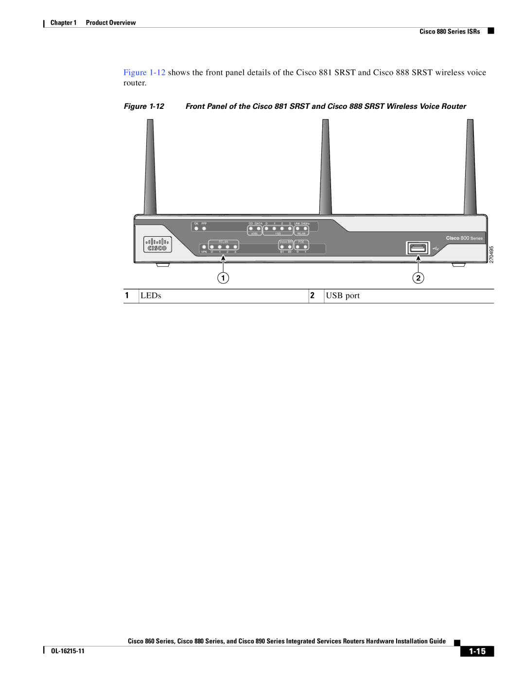 Cisco Systems C892FSPK9 manual LEDs USB port 