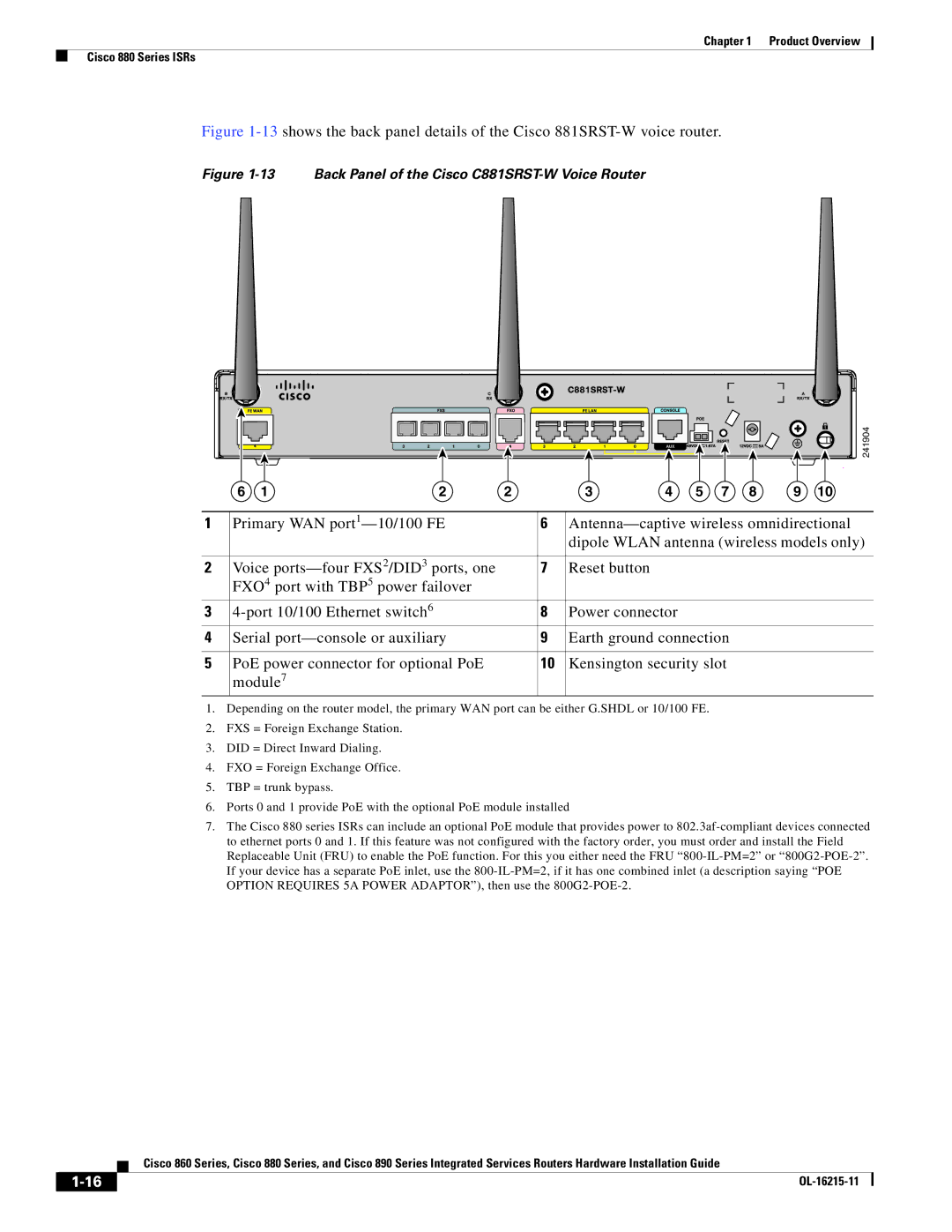 Cisco Systems C892FSPK9 manual Back Panel of the Cisco C881SRST-W Voice Router 