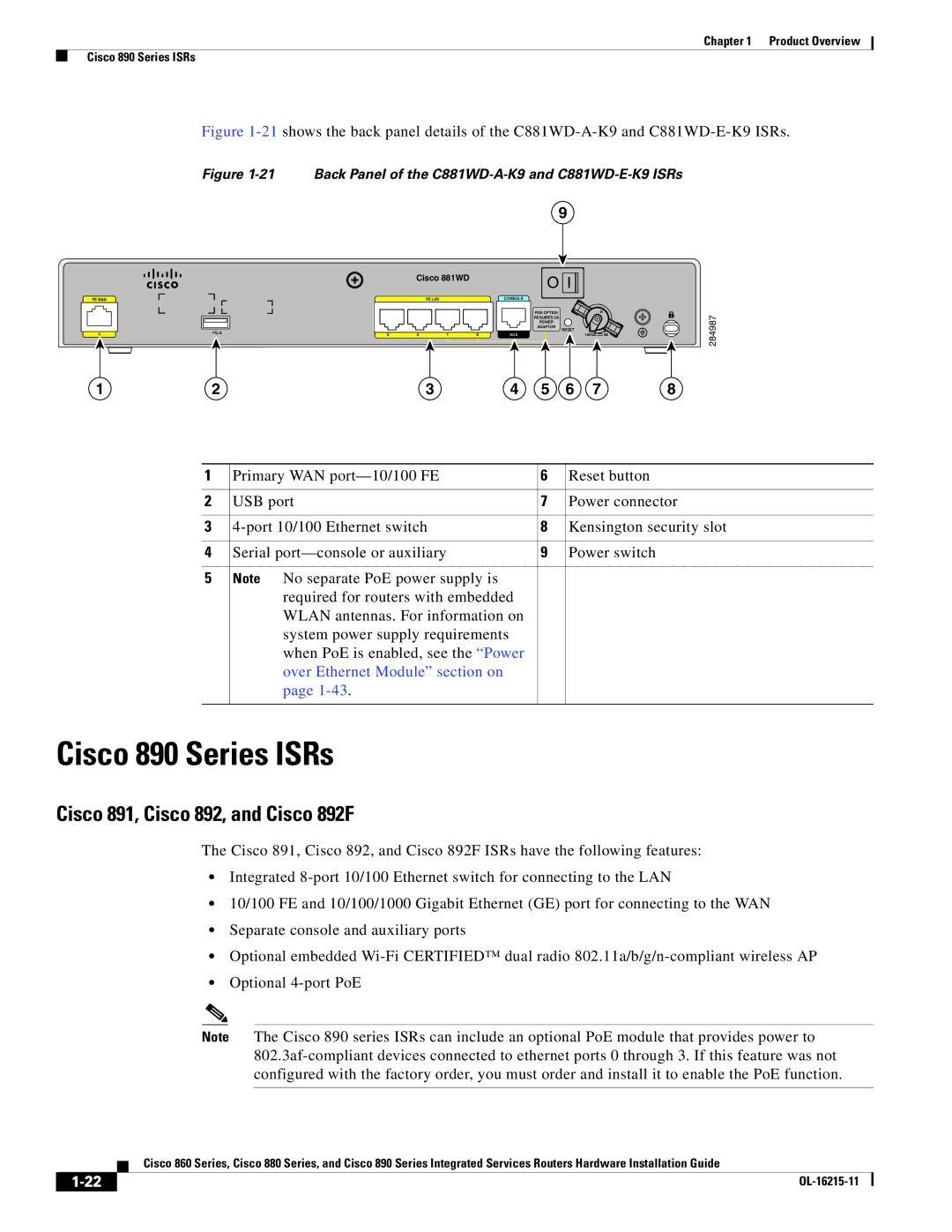 Cisco Systems C892FSPK9 manual Cisco 890 Series ISRs, Cisco 891, Cisco 892, and Cisco 892F 